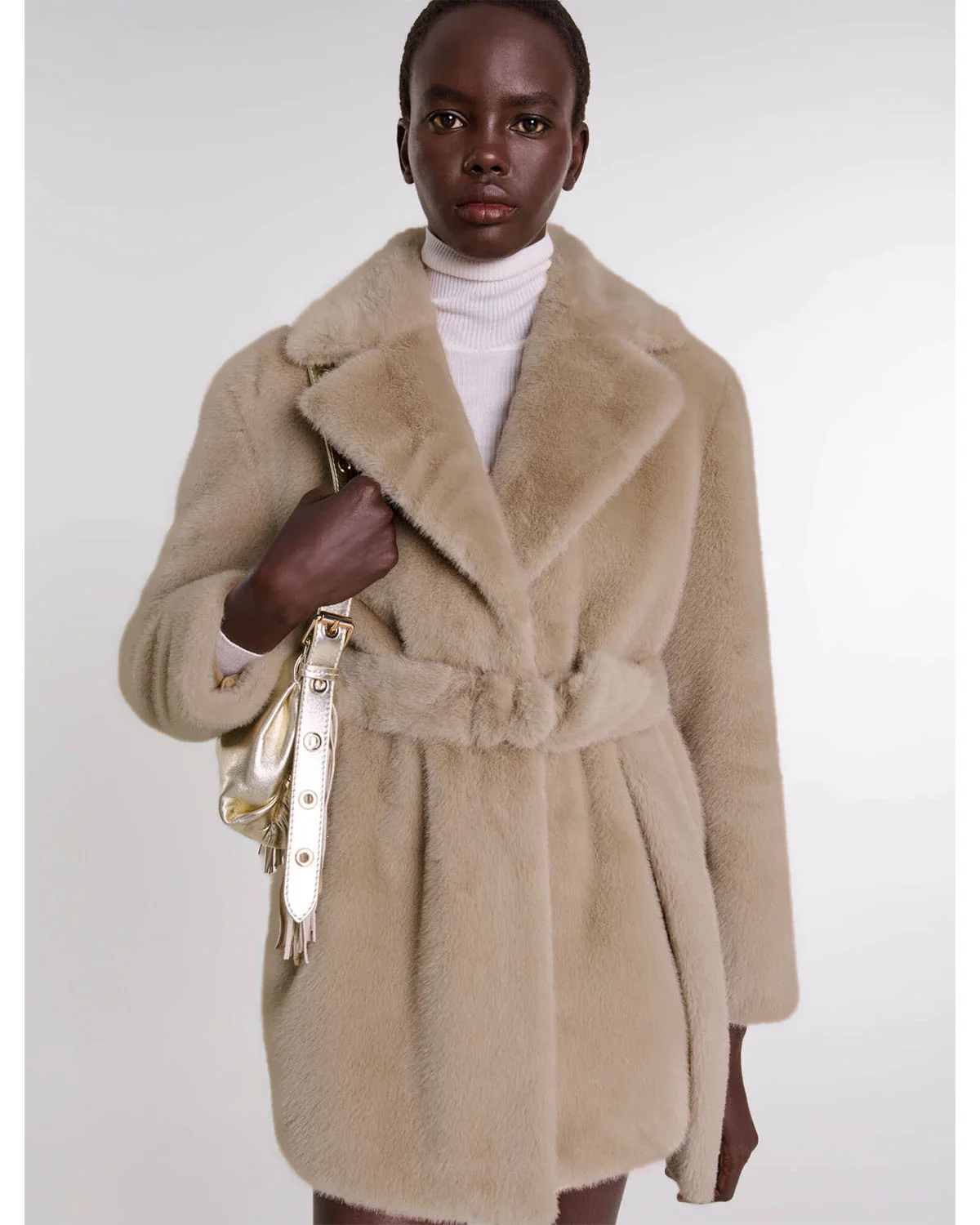 Beige Belted Fur Jacket